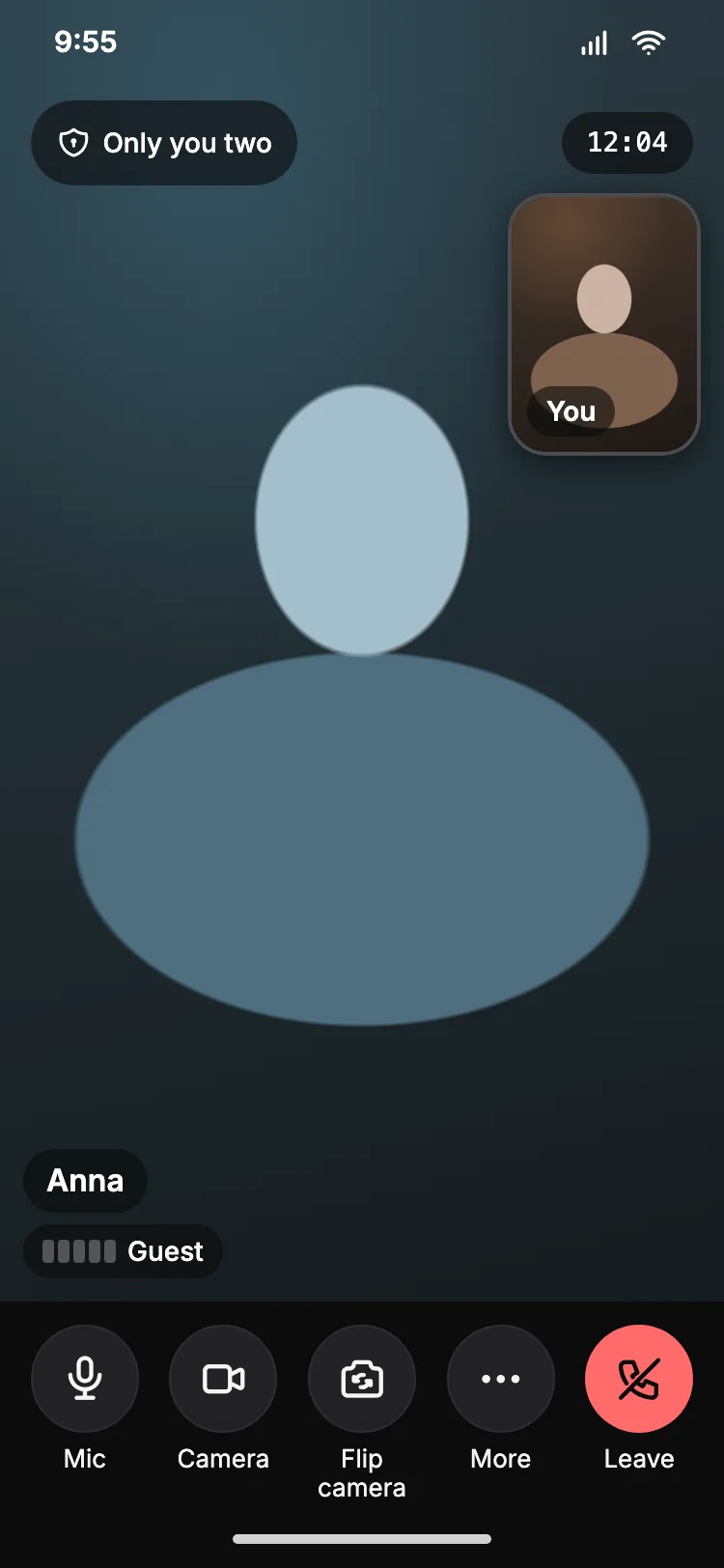 Lichca call screen on a phone: the other person fills the screen, “Only you two” at the top, mic, camera and leave buttons at the bottom.